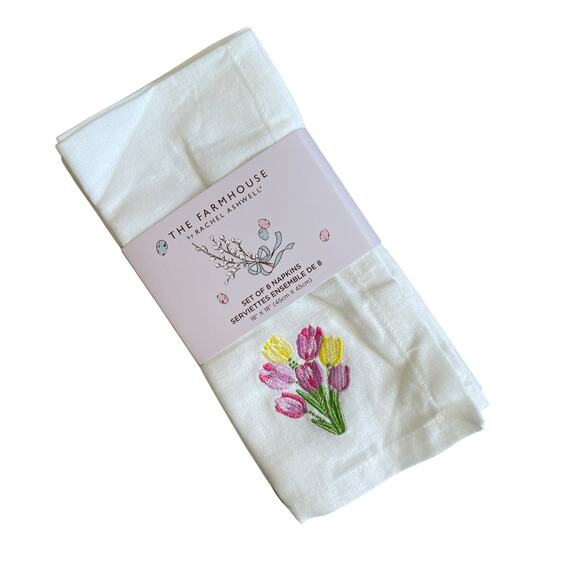 8pc Rachel Ashwell THE FARMHOUSE Cotton Napkins 18x18 Embroidered Tulips New - Picture 7 of 15